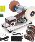 Pro Mini Belt Sander And 15 Degree Belt Grinder With Seven Speeds for knife sharpening, featuring a motor and additional sanding belts.