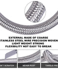 Close-up of braided stainless steel hose from Extended Tank Drain Assembly Ten Inch Flexible Braided Steel Tube And One Quarter Inch Valve Drain Elbow Fitting For Air Compressors Pro Grade