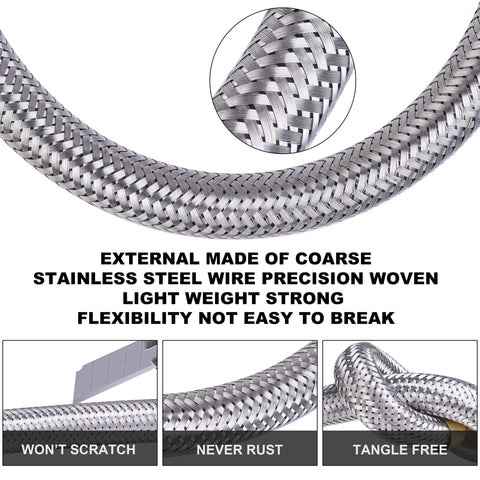 Close-up of braided stainless steel hose from Extended Tank Drain Assembly Ten Inch Flexible Braided Steel Tube And One Quarter Inch Valve Drain Elbow Fitting For Air Compressors Pro Grade