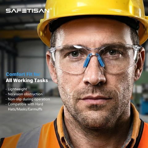 Top Shelf Six Pack Safety Glasses Delivering Unbeatable Uv Defense Ansi Z87 Approved Shatter Resist Lenses Scratch Proof clarity comfort fit nose shields for any work grind sleek blue temples close-up of user wearing safety glasses