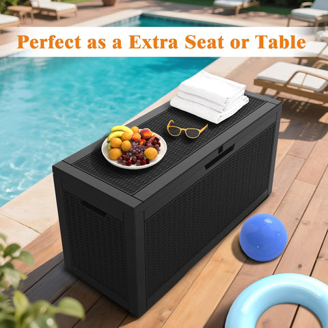 66 Gallon All Weather Outdoor Storage Box With Locking Lid For Deck Patio And Garden used as table near pool