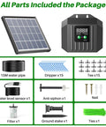 3W Solar Drip Irrigation System With Digital Programmable Smart Watering Kit And 2200mAh Battery For 15 Potted Plants Indoors Or Outdoors No Fuss Setup Auto Solar Power And Battery Backup package contents displayed on white background.