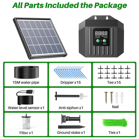 3W Solar Drip Irrigation System With Digital Programmable Smart Watering Kit And 2200mAh Battery For 15 Potted Plants Indoors Or Outdoors No Fuss Setup Auto Solar Power And Battery Backup package contents displayed on white background.