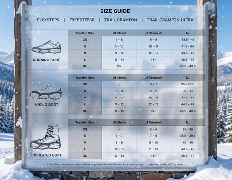 Size guide for Trail Crampon Ultra I Ice Cleat Traction System, detailing shoe and boot sizes for various traction sizes.