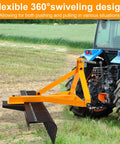 61 Inch Tow Behind Rock Rake For Lawn Tractor attached to tractor in field, showing 360-degree rotation and 32 steel tines for dethatching.