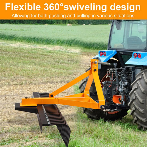 61 Inch Tow Behind Rock Rake For Lawn Tractor attached to tractor in field, showing 360-degree rotation and 32 steel tines for dethatching.