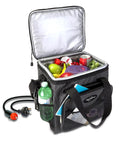 Plug In Electric Portable Cooler And 12V Car Fridge 14 Quart Capacity Soft Sided Travel Bag For Camping And Road Trips Keeps Your Grub And Drinks Ice Cold Zero Hassle Required Extra Pockets Plus Folds Flat filled with drinks and fruits.