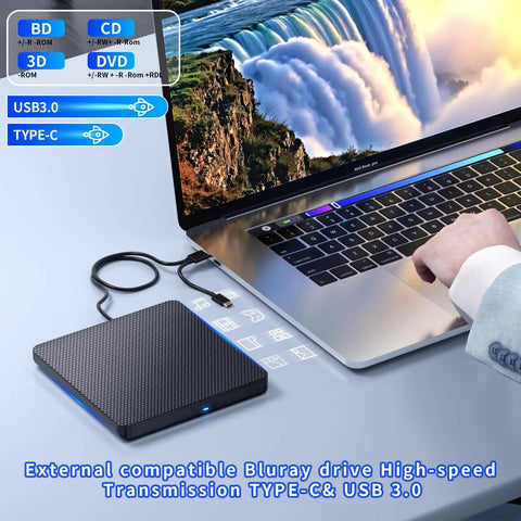 External Blu Ray Drive Read Write Burner With USB 3.0 And Type C, BD DVD CD Burner For PC Mac Windows 7 11, black drive connected to laptop