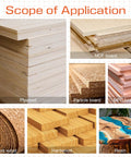 Variety of wood types including plywood, MDF, particle board, MFC, corkwood, hardwood, and resin, labeled with 'Scope of Application' text.
