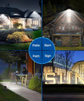 50W LED Outdoor Flood Light 7000LM IP65 illuminating house, barn, pathway, and sign at night, showcasing versatility.