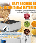 Heavy Duty Automatic Granule Filling Machine With Dead On Digital Scale And Three Speed Controls For Hassle Free Subpackaging Of Coffee Beans Rice Flour Spices And Tea, filling soybeans into a stainless steel hopper.