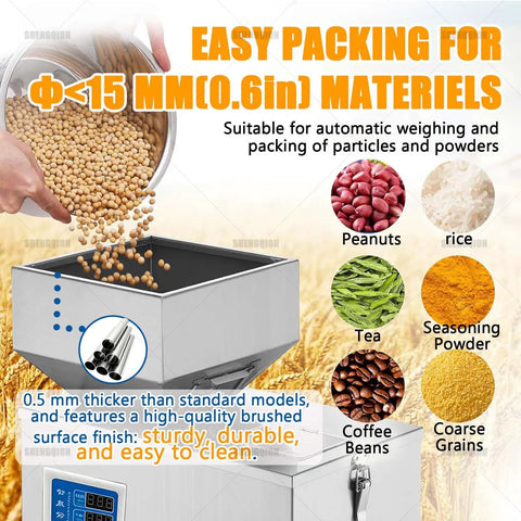 Heavy Duty Automatic Granule Filling Machine With Dead On Digital Scale And Three Speed Controls For Hassle Free Subpackaging Of Coffee Beans Rice Flour Spices And Tea, filling soybeans into a stainless steel hopper.