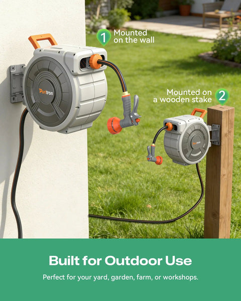 No Fuss Retractable Garden Hose Reel With Five Eighth Inch Hose 100 Feet 3 Ply Reinforced, wall and stake mounted view