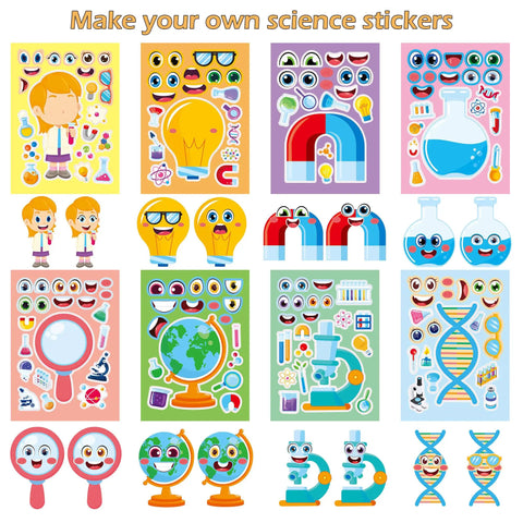 24 Pack Science Theme Make Your Own Face Stickers For DIY Crafts And Nerdy Science Party Games Mix And Match Nerdy Stickers