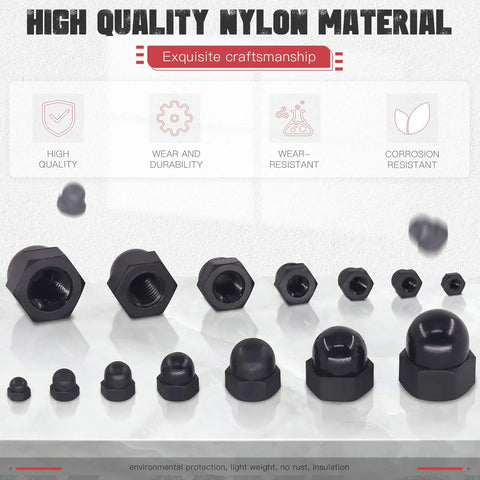 Black Nylon Acorn Nuts Assortment Kit 7 Sizes 100 Pcs Inner Threaded Dome Cap Nuts M3-M12 showcased in various sizes