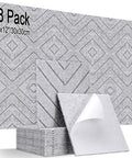 18 Pack Peel and Stick Acoustic Panels for Walls, 12 inch square sound absorbing foam tiles in a geometric pattern.