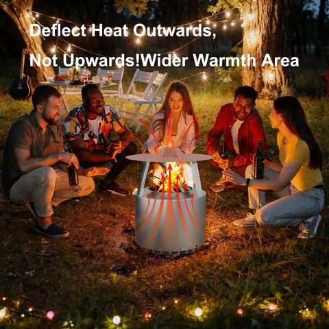 Group of people around a fire pit with Heat Deflector For Bonfire And Fire Pit 19.5 Inch, 304 Stainless Steel With Carrying Handle And 3 Leg Stand