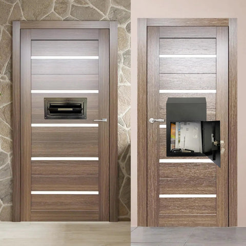 Drop Dead Secure Exterior Door Drop Box With Rear Access For Mail And Keys Anti Fishing Security Design Built Tough Zero Drama Operation In Matte Black on a wooden door.