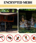 Outdoor setup with 4 Corner Black Bed Canopy Curtains With Mosquito Net For Single Twin Full Size Beds, preventing insects.