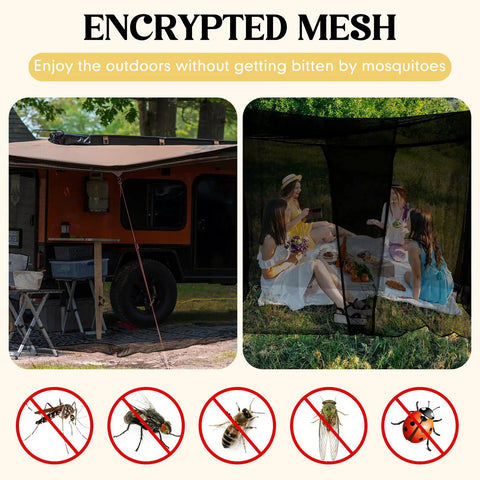 Outdoor setup with 4 Corner Black Bed Canopy Curtains With Mosquito Net For Single Twin Full Size Beds, preventing insects.