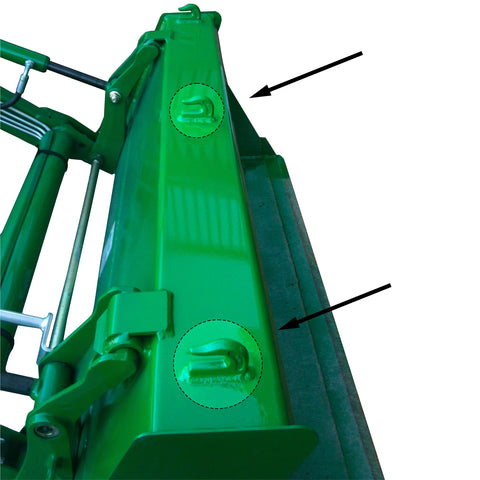 Heavy Duty 1/2 Inch Weld On Clevis Grab Hooks 2 Pack Grade 70 Rigging Hook Set attached to green tractor loader