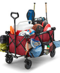 Heavy Duty Collapsible Outdoor Utility Wagon With Oversized 36 By 21 By 15 Bed And 150 Pound Capacity Red Foldable Rolling Cart loaded with sports gear and camping equipment