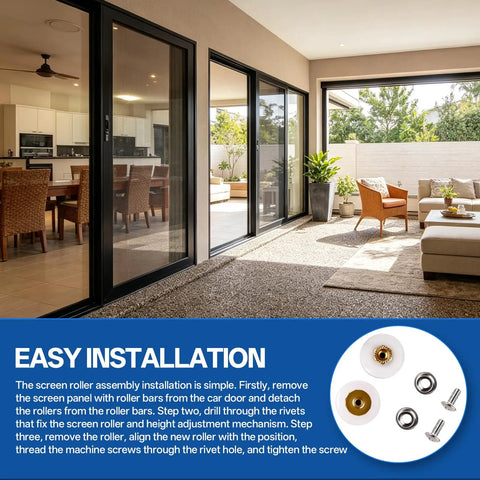 Heavy Duty Screen Roller Assembly 2 Pack Replaces 9311006 For Top Hung Sliding Patio Doors installation guide with rollers.