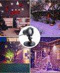 Outdoor Laser Christmas Lights Projector illuminating various settings with RGB moving firefly effects and adjustable speed.