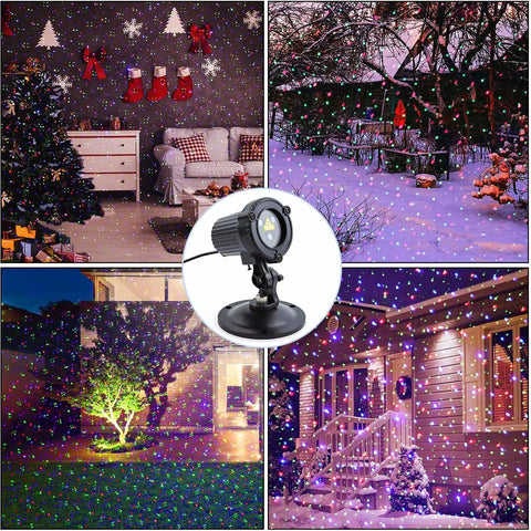 Outdoor Laser Christmas Lights Projector illuminating various settings with RGB moving firefly effects and adjustable speed.