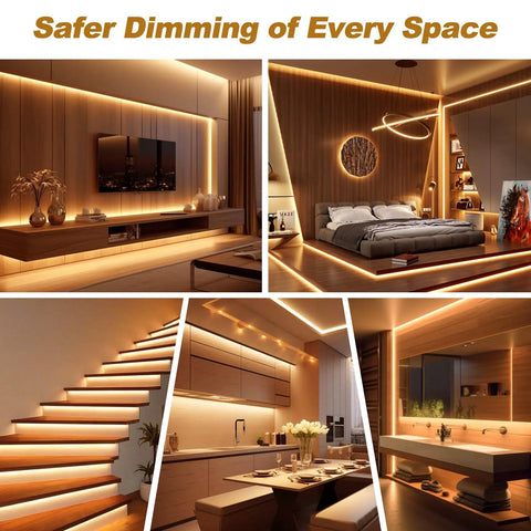 12V Dimmable LED Driver 60W Triac ELV MLV Transformer for LED Strips and Modules Smooth Flicker Free Dimming with Lutron and Leviton Switches Plug And Play Power Supply for Modern Accent Lighting in warm-lit bedroom, stairs, and bathroom