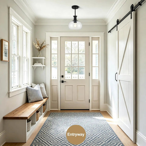puncoll 2 PK 9 Inch Modern Black Clear Glass Pendant Light in an entryway with natural light and wooden bench.