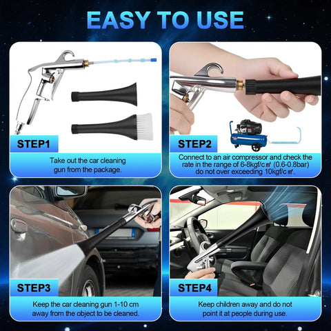 Instructions for using Two Nozzle Air Cleaning Gun For Auto Detailing That Blasts Dust And Grime From Surfaces Fast