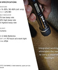 Moisture Pen With Integrated Flashlight in hand, showing specifications for quick readings, pocket portable for wood and materials.