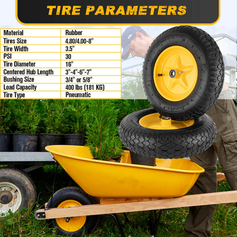 Beefy 16 Inch Pneumatic Wheelbarrow Tire And Wheel Set With 4.80/4.00-8 Size And 5/8 And 3/4 Inch Bearings on yellow wheelbarrow