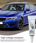 Tube of high voltage silicone grease for automotive use shown with a blue car, labeled 'Dielectric Lubricant For Electronics And Automotive Weatherproof Silicone Grease High Temperature Insulating Compound Anti Corrosion Sealant For Spark Plugs And Ignition Systems Keeps Electrical Contacts Smooth And Protected No Fuss.'