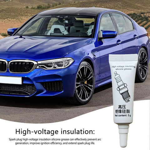 Tube of high voltage silicone grease for automotive use shown with a blue car, labeled 'Dielectric Lubricant For Electronics And Automotive Weatherproof Silicone Grease High Temperature Insulating Compound Anti Corrosion Sealant For Spark Plugs And Ignition Systems Keeps Electrical Contacts Smooth And Protected No Fuss.'