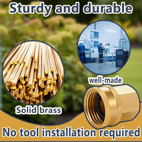 Solid Brass Garden Hose Adapter Set With Quick Swivel Double Female Fittings Three Quarter Inch GHT To One Half Inch NPT Female Leakproof Easy Hand Tighten Install Outdoor Watering, brass adapter close-up