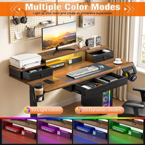 Epic Electric Height Adjustable Gaming Desk With RGB LED Lights And 10 Color Modes For Custom Setup And Power Brown Aesthetic Upgrade showing desk setup with PC and RGB LED effect.