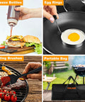 28 Piece Griddle Accessories Kit For Indoor Or Outdoor BBQ with squeeze bottles, egg rings, basting brushes, and portable bag.
