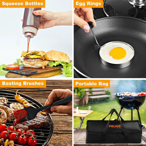 28 Piece Griddle Accessories Kit For Indoor Or Outdoor BBQ with squeeze bottles, egg rings, basting brushes, and portable bag.