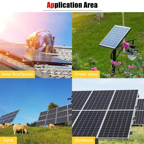 50 Pairs Waterproof Solar Panel Connectors With Pins And Spanners, MC4 Style Male And Female Plugs For 14AWG To 10AWG Solar Cables, IP67 Rating, shown in various application areas including roof installation, garden lights, farm, and outdoor panels.