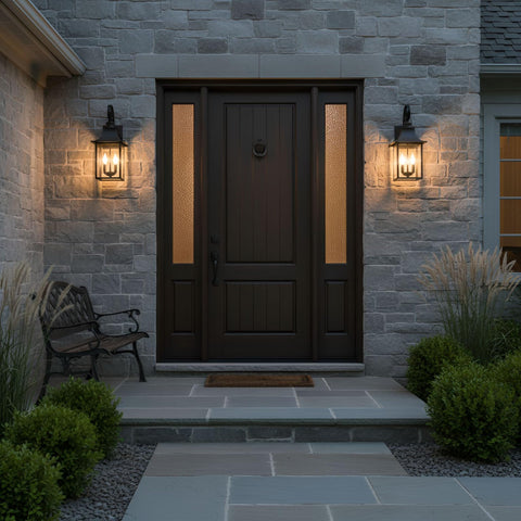 Chancellor 19 Inch Outdoor Wall Lantern Two Light Vintage Sconce in Mystic Black with clear glass panels on front porch wall