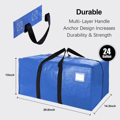 Heavy Duty Extra Large Moving Bags With Backpack Straps And Strong Zippers Space Saving Totes, blue bag, 29.8x13x14.3 inches