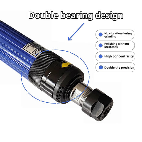 Pro Shop Air Straight Die Grinder Cranks Hot At Twenty Thousand Rpm With Rear Exhaust And Locked Collet System For Swift Grinding showing double bearing design.