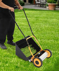 14 Inch Manual Push Reel Lawn Mower With Collection Bag And Sweeper For Easy Yard Work No Fuss 4 Sharp 5 Edged Blades For Lawns Gardens Yards Parks Golf Courses Sidewalks Driveways, rear bag