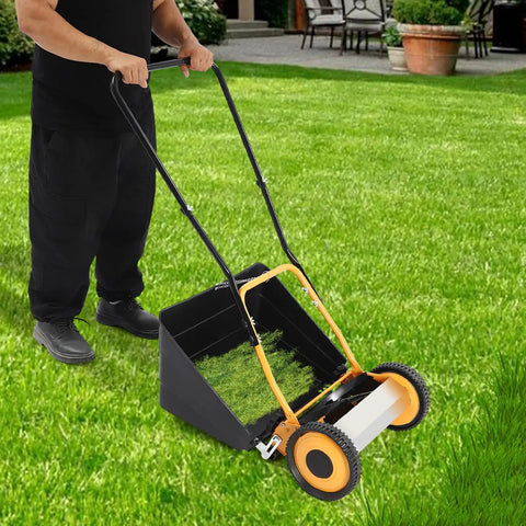 14 Inch Manual Push Reel Lawn Mower With Collection Bag And Sweeper For Easy Yard Work No Fuss 4 Sharp 5 Edged Blades For Lawns Gardens Yards Parks Golf Courses Sidewalks Driveways, rear bag
