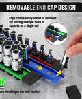 Removable end cap design of six piece socket organizer rail set with 360 degree swivel clips holds 108 sockets in three sizes