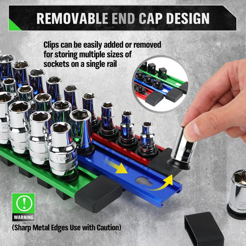 Removable end cap design of six piece socket organizer rail set with 360 degree swivel clips holds 108 sockets in three sizes