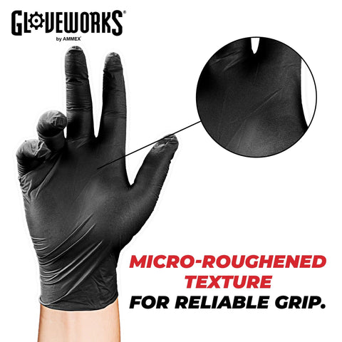 GLOVEWORKS black nitrile disposable glove on hand with micro-roughened texture for grip