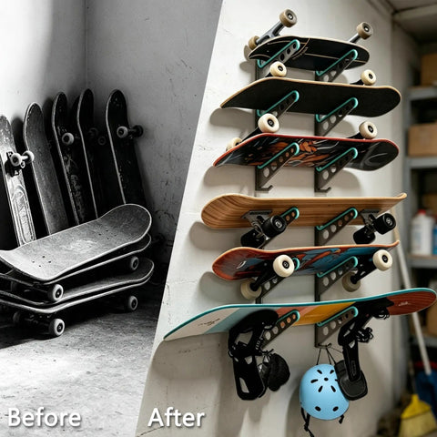 Before and after using Heavy Duty Metal Skateboard Rack Wall Mount With Curved Hooks For Longboards Snowboards And Skis.